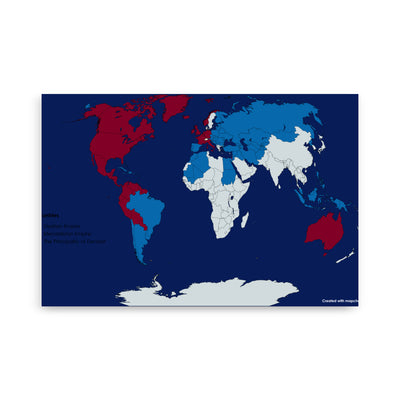 Desitian Empire and Other Countries Map (Red: Mendalistan Empire, Blue: Desitian Empire, Light White: The Principality of Densast)