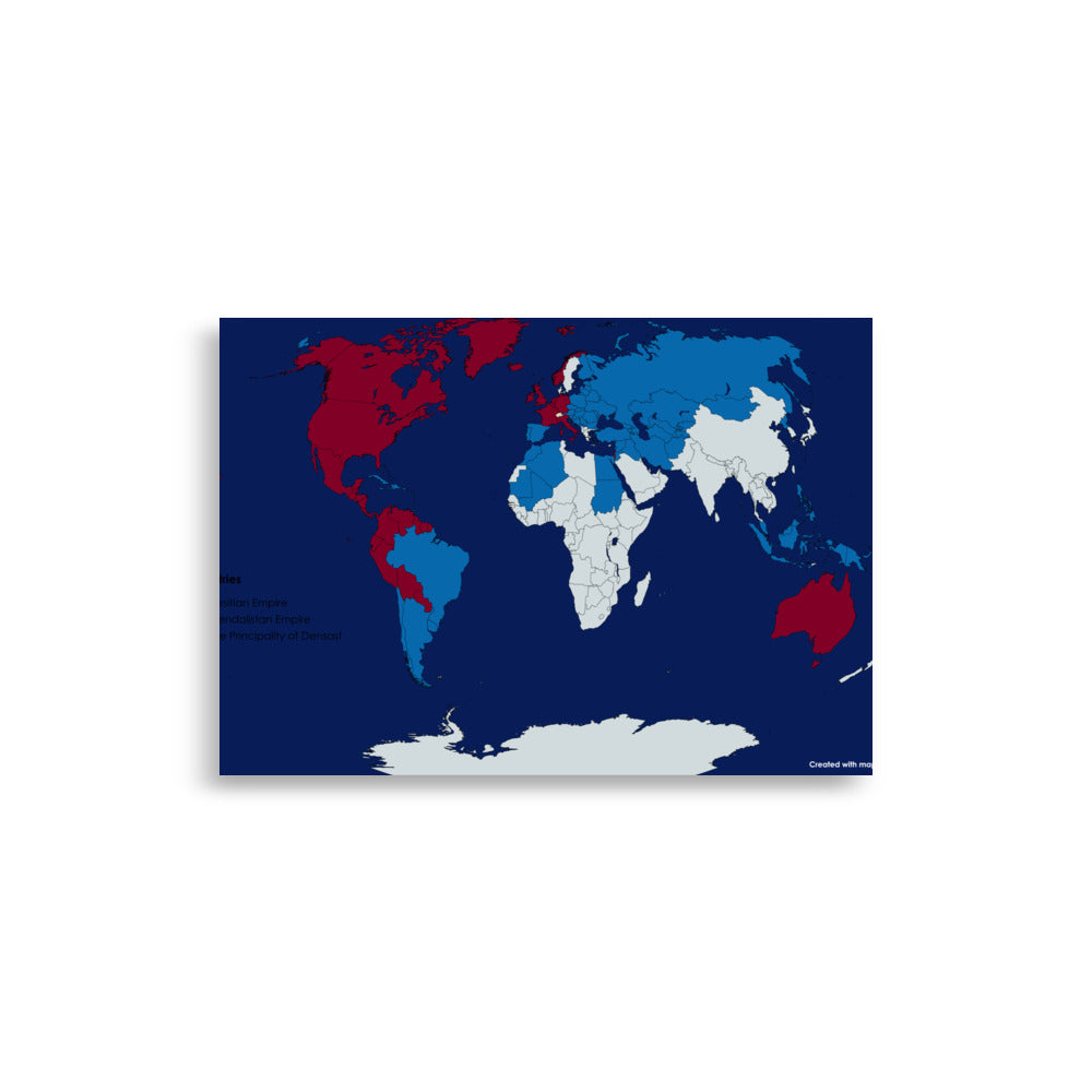 Desitian Empire and Other Countries Map (Red: Mendalistan Empire, Blue: Desitian Empire, Light White: The Principality of Densast)