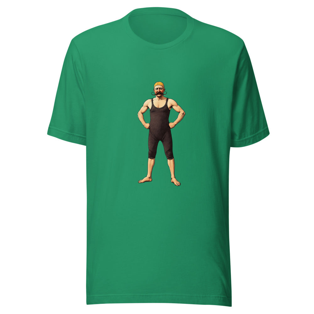 Victorian Swimmer T-Shirt, Vintage Man with Handlebar Moustache in 1800s Swimsuit