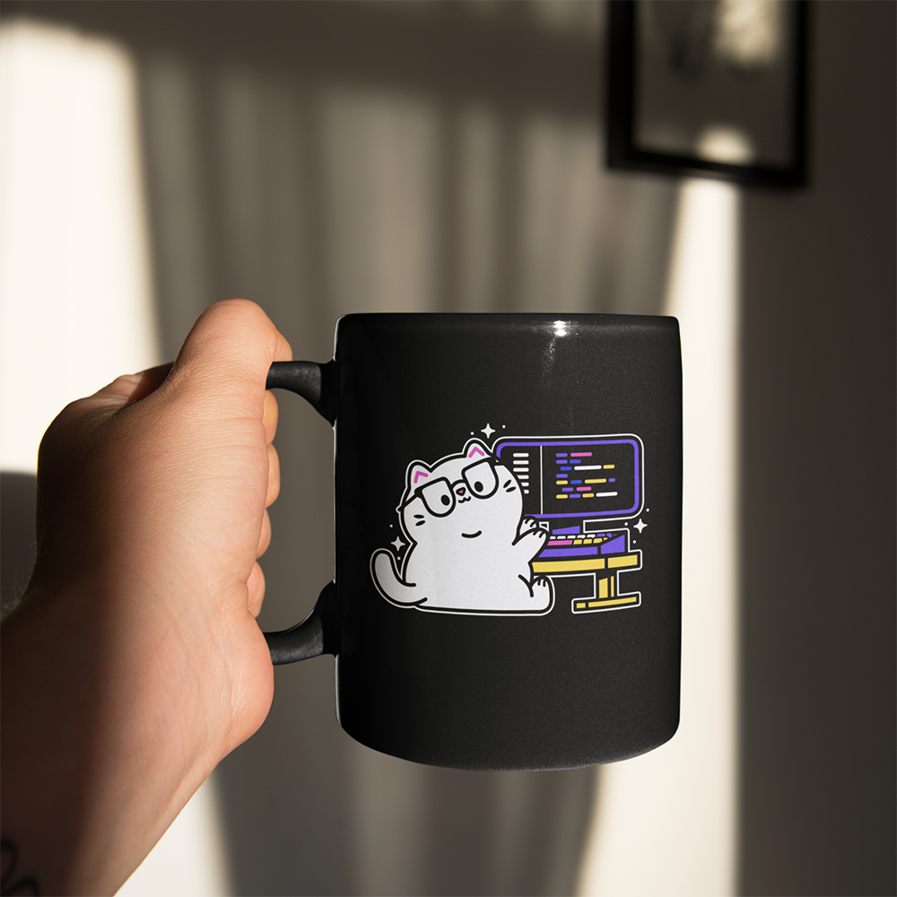 Computer Cat Black Mug