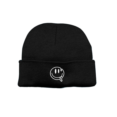 MELTED SMILEY EMBROIDERED BLACK BEANIE